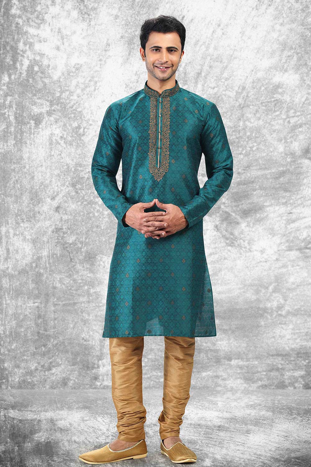 Buy Men's Teal Jacquard Silk Kurta Pajama Set  Online