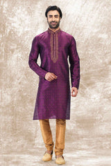 Buy Men's Magenta Jacquard Silk Kurta Pajama Set  Online