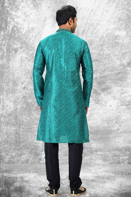 Buy Men's Teal Green Jacquard Silk Kurta Pajama Set  Online - Back