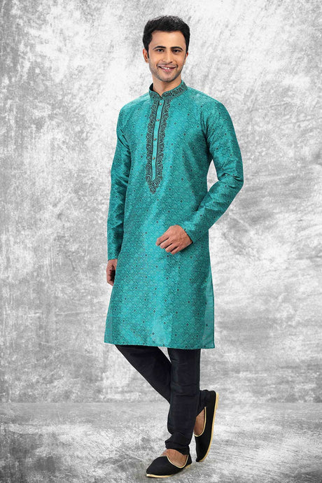 Buy Men's Teal Green Jacquard Silk Kurta Pajama Set  Online