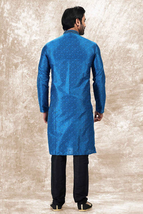 Buy Men's Blue Jacquard Silk Kurta Pajama Set  Online - Back