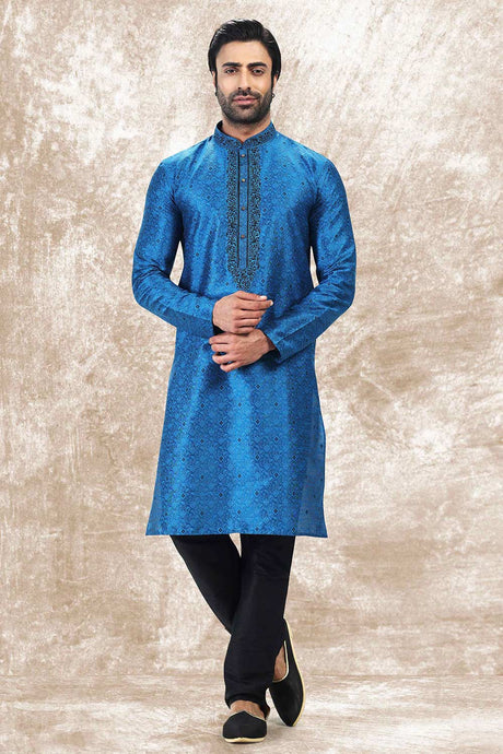Buy Men's Blue Jacquard Silk Kurta Pajama Set  Online
