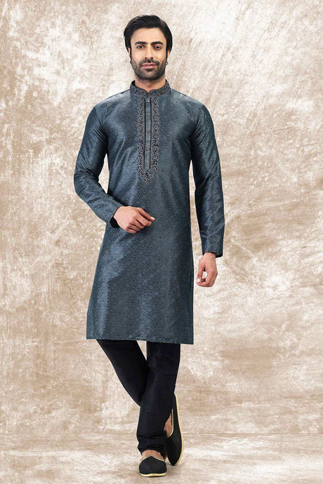 Buy Men's Grey Jacquard Silk Kurta Pajama Set  Online