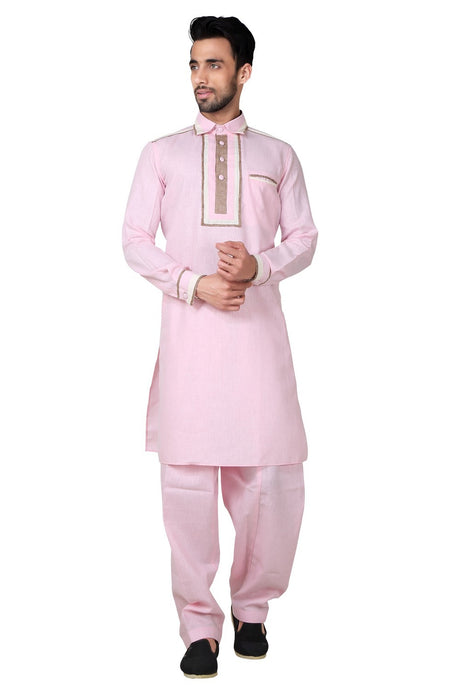 Buy Men's Cotton Linen Solid Pathani Set in Pink