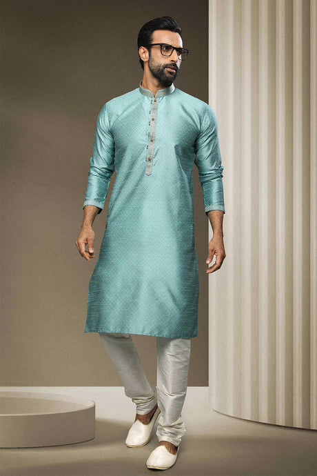 Buy Turquoise Jacquard Printed Kurta Pajama Online - Karmaplace