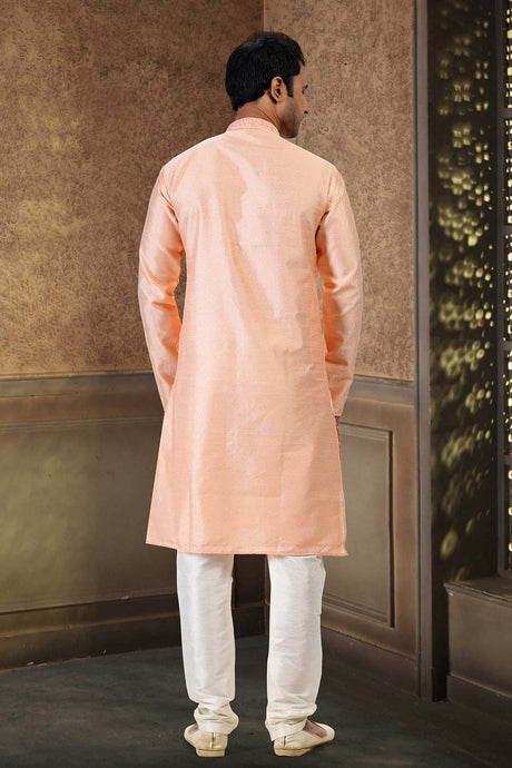 Buy Men's Peach Jacquard Banarasi Silk Kurta Pajama Set  Online - Back