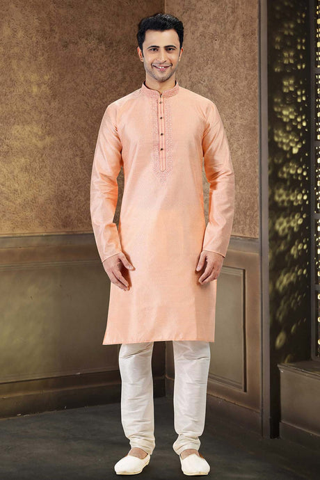 Buy Men's Peach Jacquard Banarasi Silk Kurta Pajama Set  Online