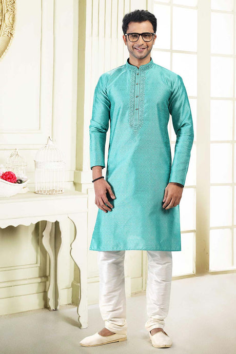 Buy Men's Teal Green Jacquard Banarasi Silk Kurta Pajama Set  Online - Back
