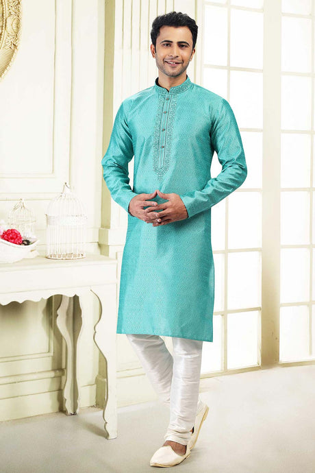 Buy Men's Teal Green Jacquard Banarasi Silk Kurta Pajama Set  Online