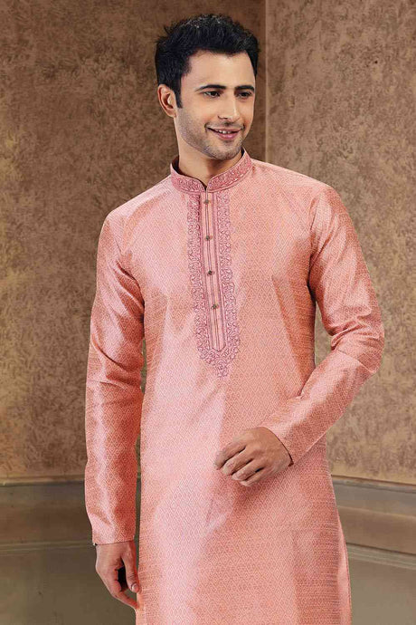 Buy Men's Dark Pink Jacquard Banarasi Silk Kurta Pajama Set  Online - Back