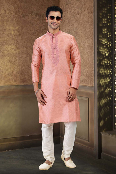 Buy Men's Dark Pink Jacquard Banarasi Silk Kurta Pajama Set  Online