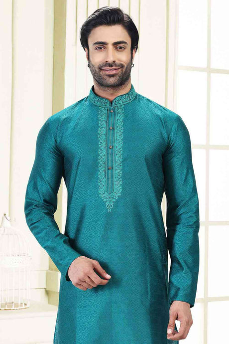 Buy Men's Blue Jacquard Banarasi Silk Kurta Pajama Set  Online - Back