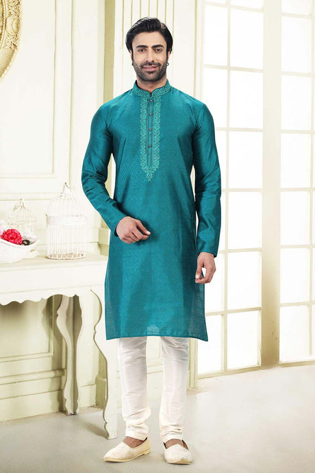 Buy Men's Blue Jacquard Banarasi Silk Kurta Pajama Set  Online
