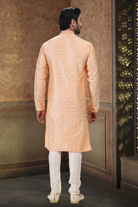 Buy Men's Peach Jacquard Banarasi Silk Kurta Pajama Set  Online - Back