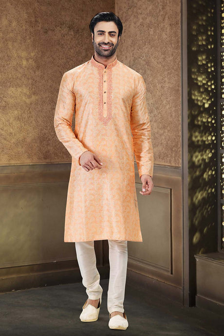 Buy Men's Peach Jacquard Banarasi Silk Kurta Pajama Set  Online