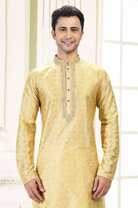 Buy Men's Yellow Jacquard Banarasi Silk Kurta Pajama Set  Online - Back