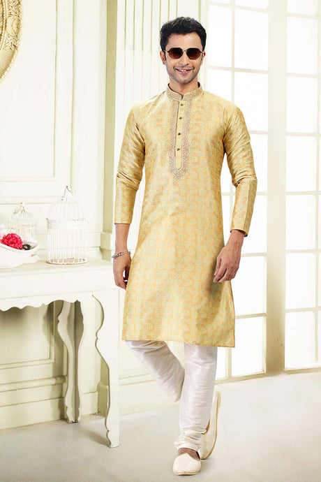 Buy Men's Yellow Jacquard Banarasi Silk Kurta Pajama Set  Online