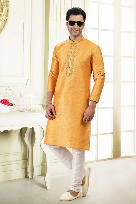 Buy Men's Orange Jacquard Banarasi Silk Kurta Pajama Set  Online - Back