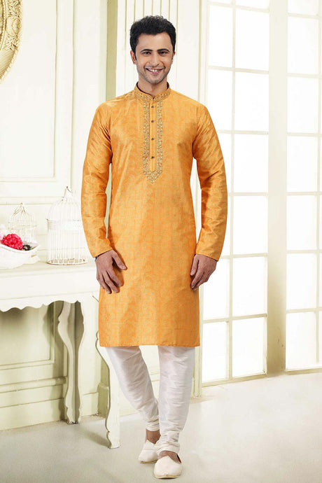 Buy Men's Orange Jacquard Banarasi Silk Kurta Pajama Set  Online