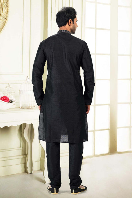 Buy Men's Black Jacquard Banarasi Silk Kurta Pajama Set  Online - Back
