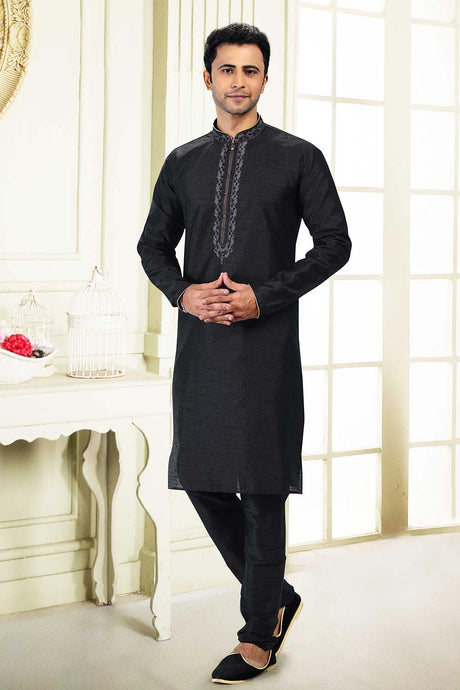 Buy Men's Black Jacquard Banarasi Silk Kurta Pajama Set  Online