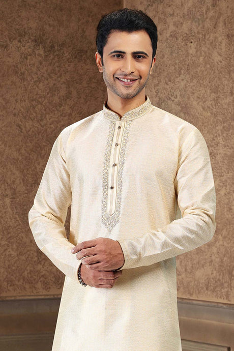 Buy Men's Cream Jacquard Banarasi Silk Kurta Pajama Set  Online - Back