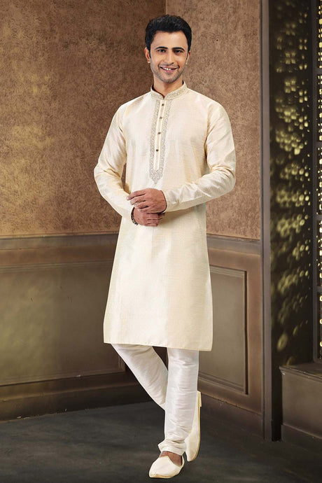 Buy Men's Cream Jacquard Banarasi Silk Kurta Pajama Set  Online