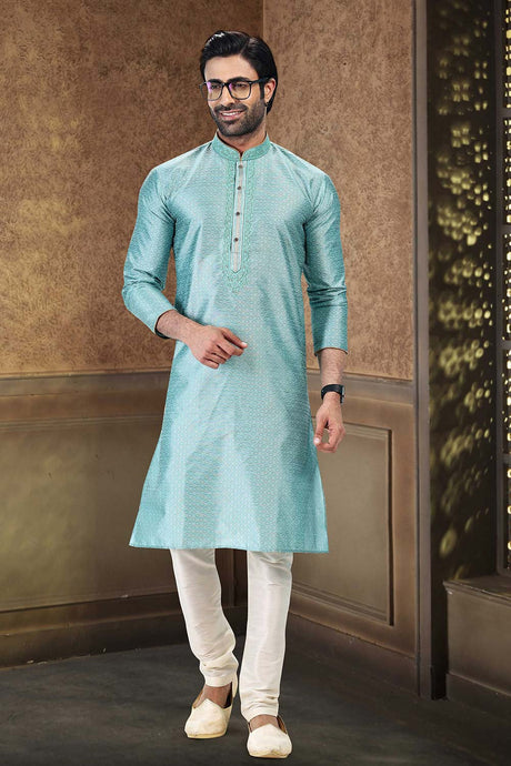 Buy Men's Forozi Blue Jacquard Banarasi Silk Kurta Pajama Set  Online - Back