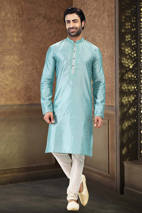 Buy Men's Forozi Blue Jacquard Banarasi Silk Kurta Pajama Set  Online