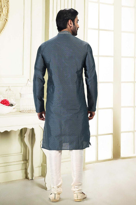 Buy Men's Grey Jacquard Banarasi Silk Kurta Pajama Set  Online - Back