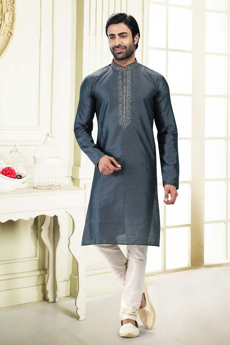 Buy Men's Grey Jacquard Banarasi Silk Kurta Pajama Set  Online