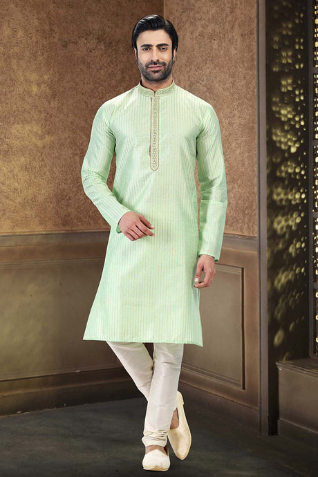 Buy Men's Pista Green Art Silk Thread Work Kurta Pajama Set  Online