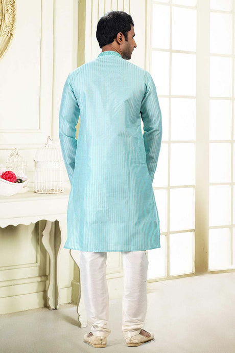 Buy Men's Sky Blue Art Silk Thread Work Kurta Pajama Set  Online - Back