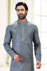 Buy Men's Grey Art Silk Thread Work Kurta Pajama Set  Online - Back
