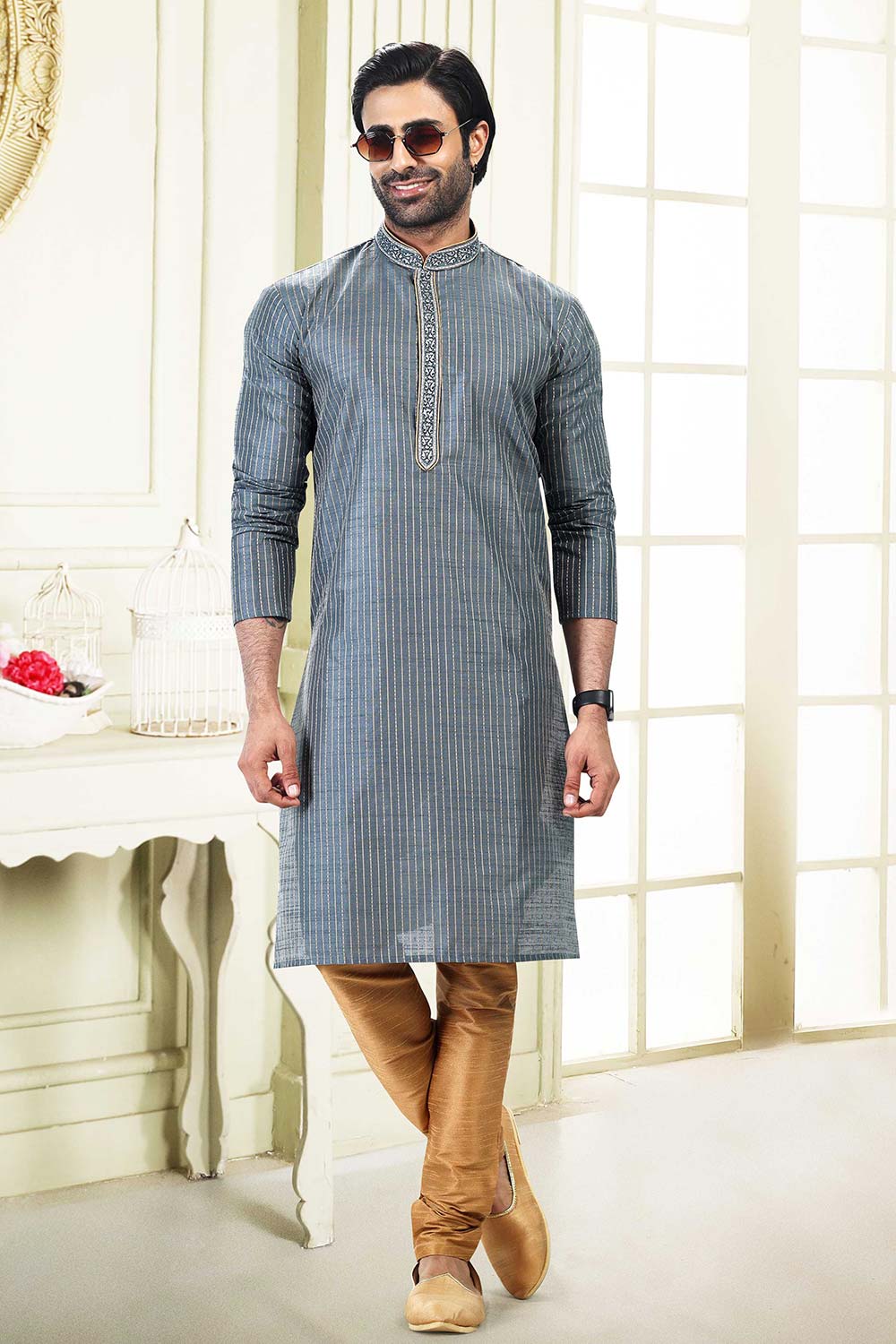 Buy Men's Grey Art Silk Thread Work Kurta Pajama Set  Online
