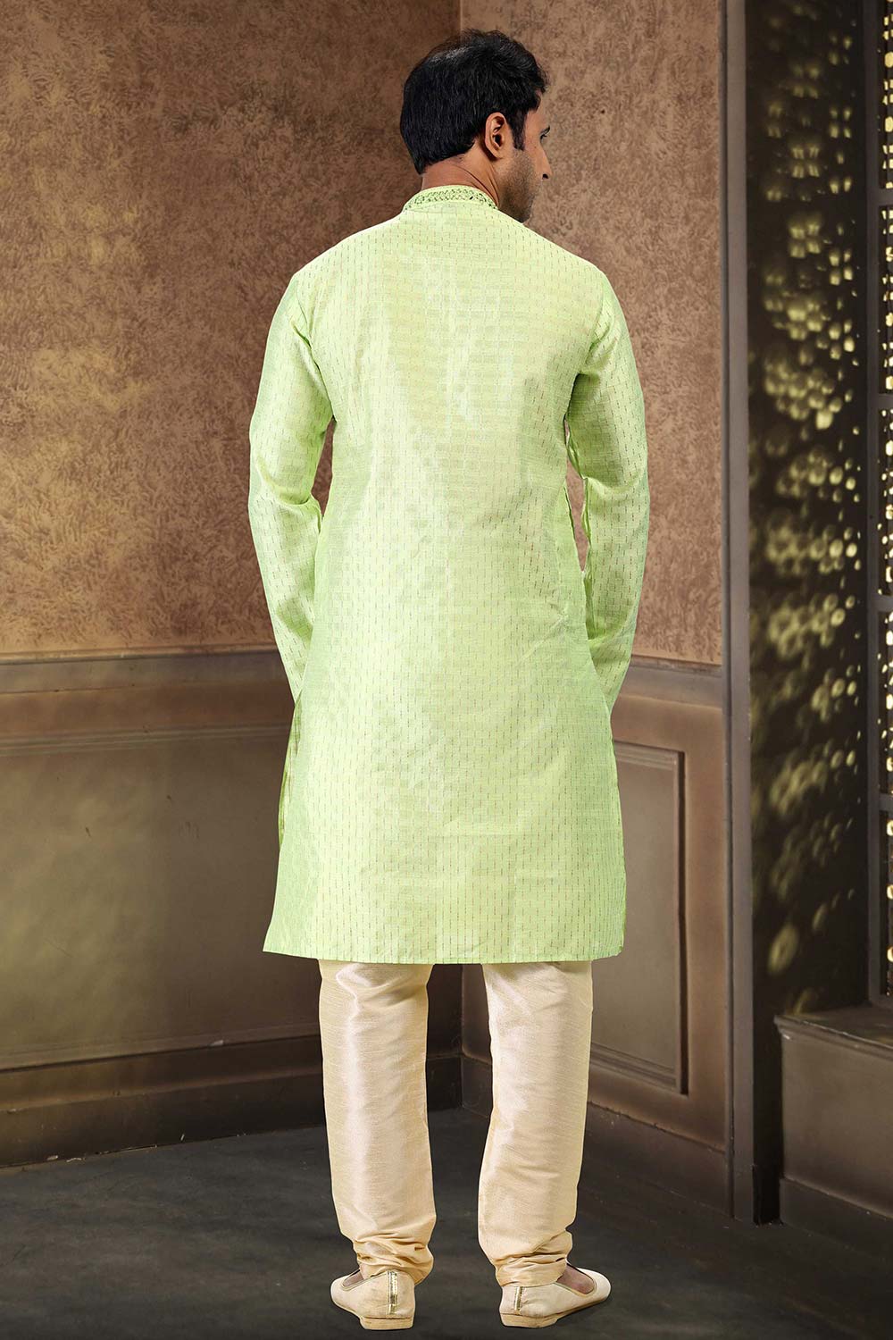 Buy Men's Pista Green Art Silk Kurta Pajama Set  Online - Back