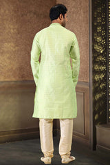 Buy Men's Pista Green Art Silk Kurta Pajama Set  Online - Back