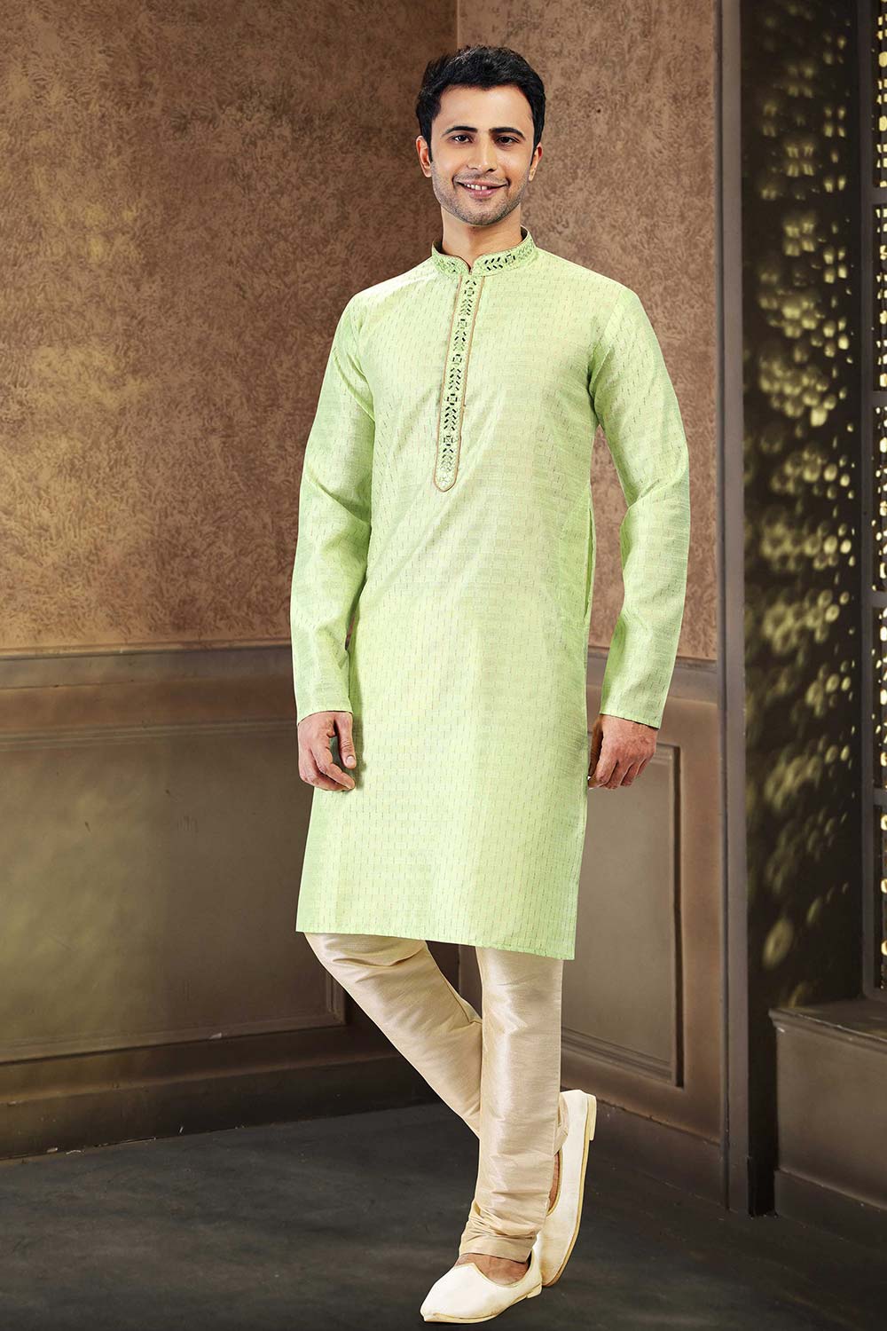 Buy Men's Pista Green Art Silk Kurta Pajama Set  Online
