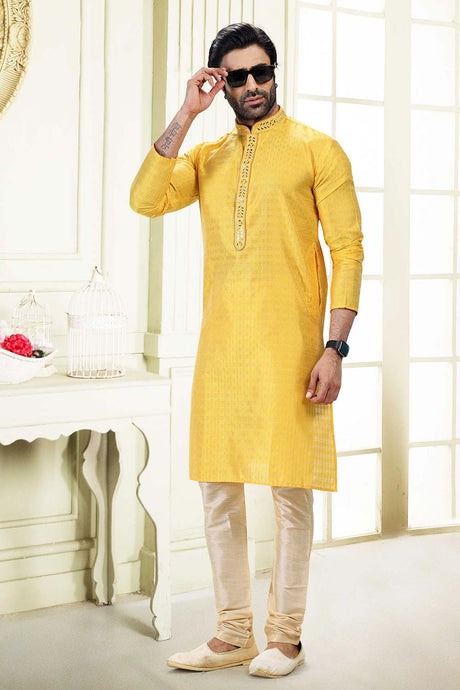 Buy Men's Yellow Art Silk Kurta Pajama Set  Online - Back