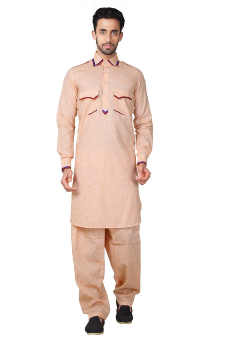 Buy Men's Cotton Linen Solid Pathani Set in Orange