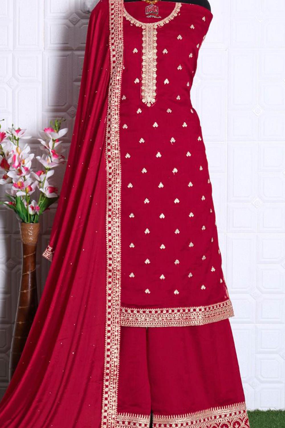 Buy Georgette Resham Embroidered Dress Material in Rani Pink - Back