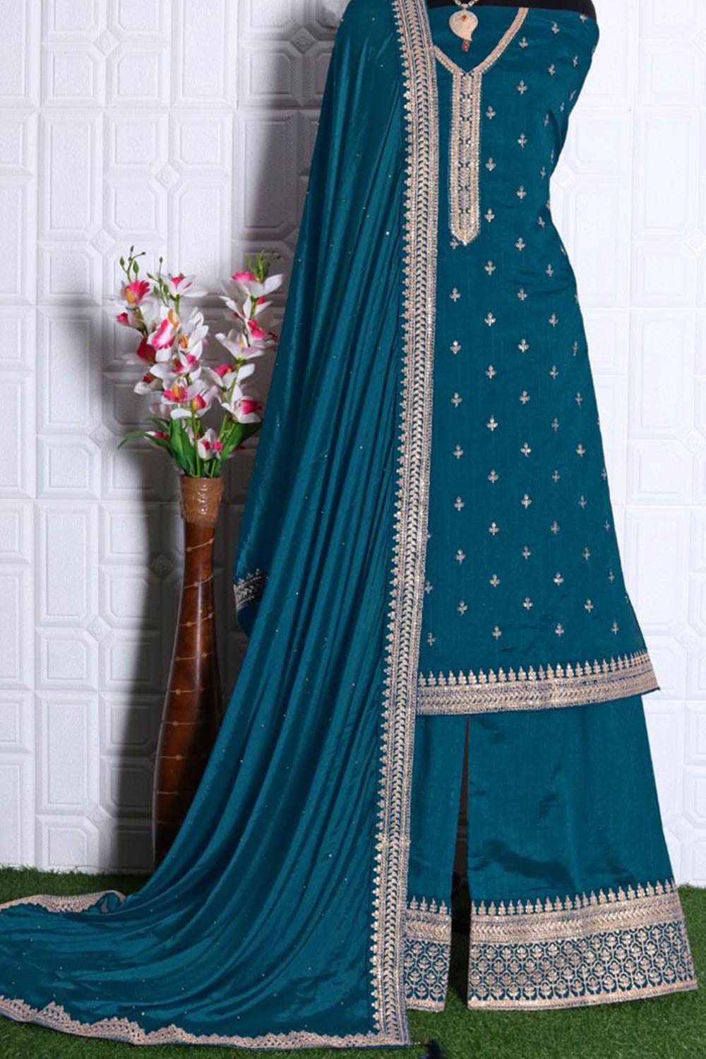 Buy Georgette Resham Embroidered Dress Material in Teal - Back