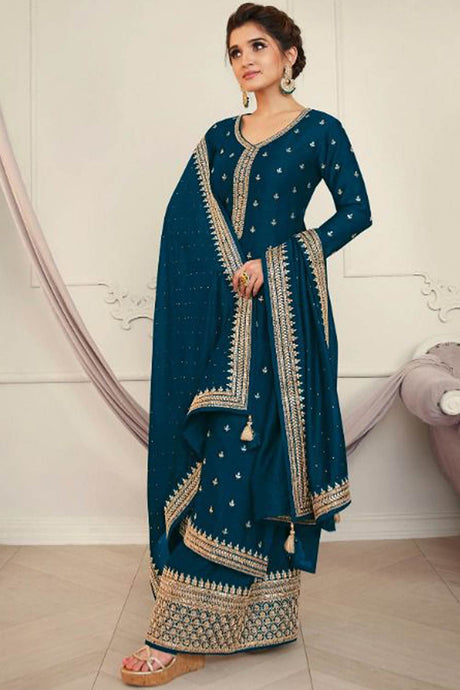 Buy Georgette Resham Embroidered Dress Material in Teal