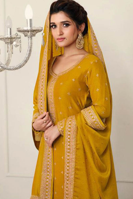 Buy Georgette Resham Embroidered Dress Material in Mustard - Back