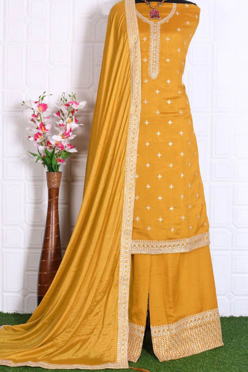 Buy Georgette Resham Embroidered Dress Material in Mustard - Side