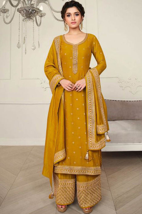 Buy Georgette Resham Embroidered Dress Material in Mustard