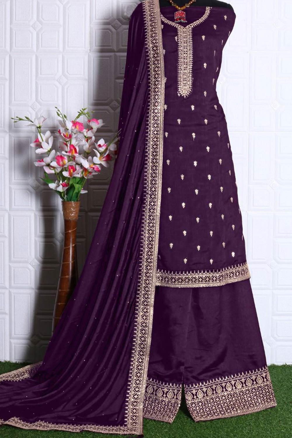 Buy Georgette Resham Embroidered Dress Material in Wine - Back