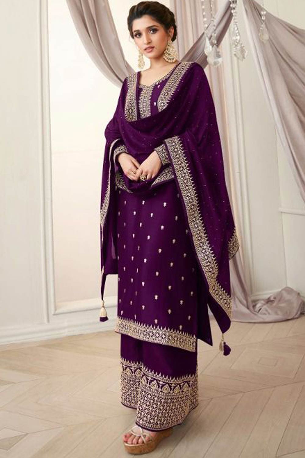 Buy Georgette Resham Embroidered Dress Material in Wine