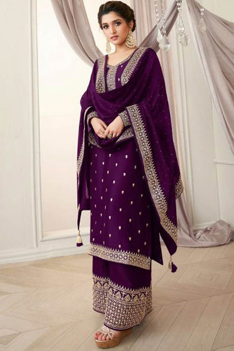 Buy Georgette Resham Embroidered Dress Material in Wine