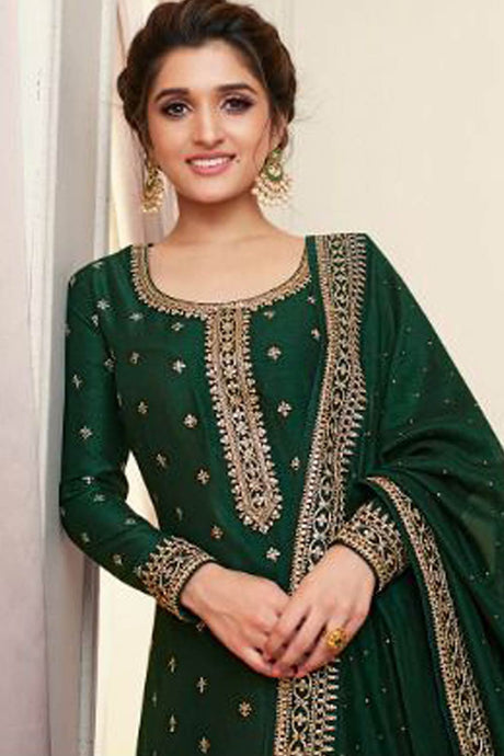 Buy Georgette Resham Embroidered Dress Material in Dark Green - Front